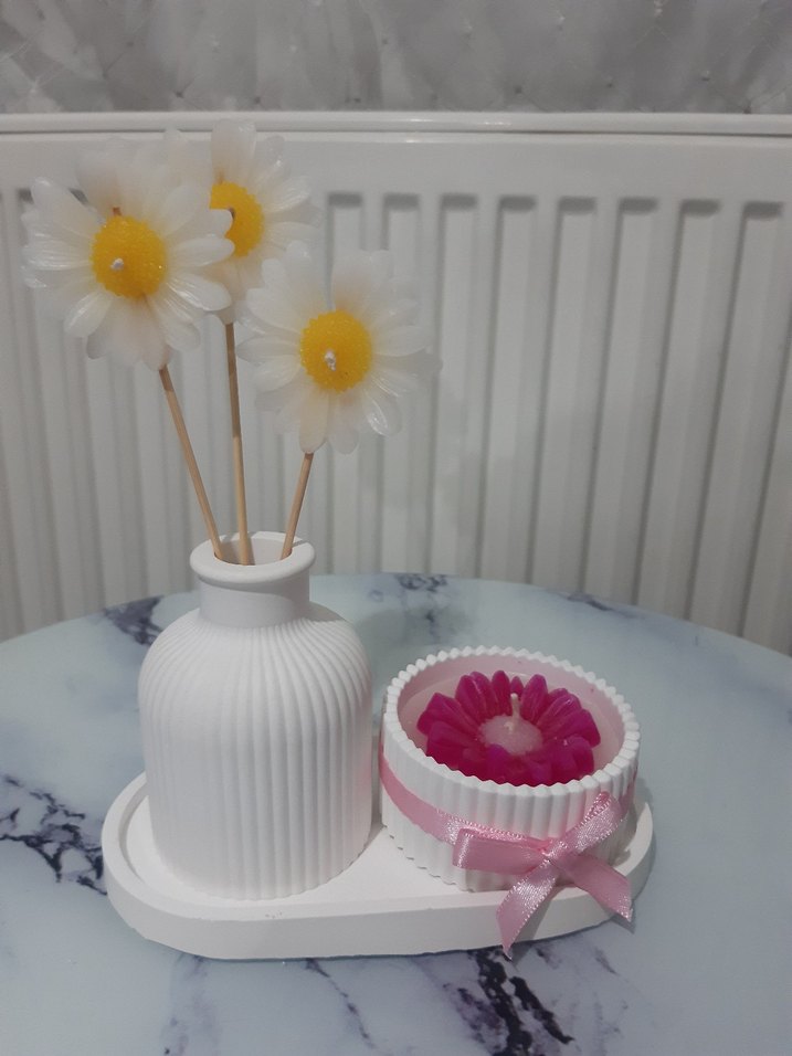 Papatya Şeklinde Beyaz Mum ve Dekoratif Set - Görsel 3