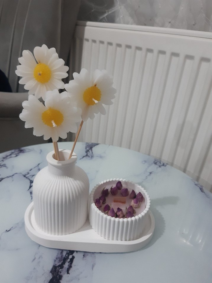 Papatya Şeklinde Beyaz Mum ve Dekoratif Set - Görsel 2