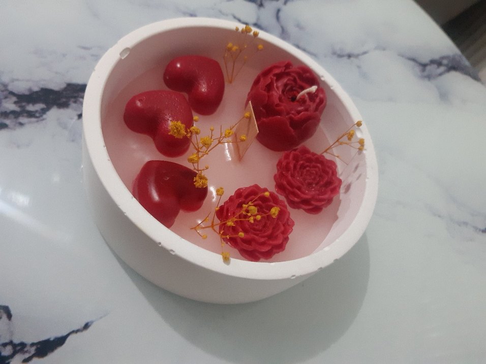 Beyaz Papatya Mum ve Mavi İnci Dekorlu Mumluk - Görsel 4