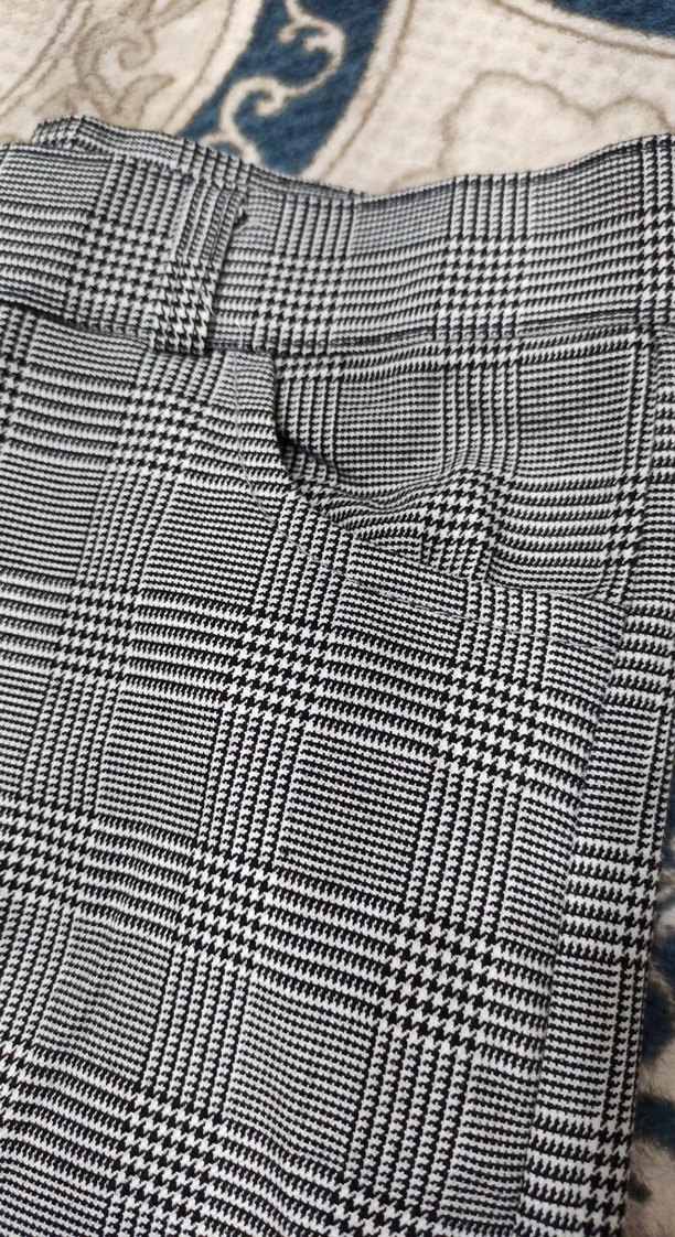 Düğmeli Gri Ekose Kumaş Kadın Pantolon - Görsel 2