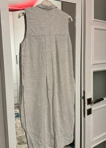 Gri Keten Uzun Kollarsız Günlük Elbise - Görsel 4