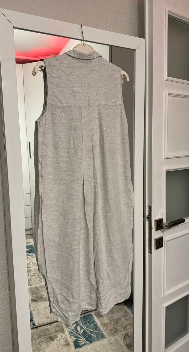 Gri Keten Uzun Kollarsız Günlük Elbise - Görsel 4