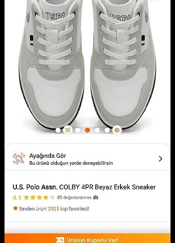 41 Beden beyaz Renk U.S POLO Assn beyaz erkek sneaker