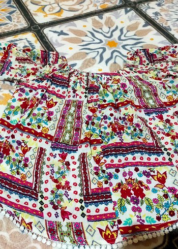 Diğer Renkli Desenli Bohem Mini Bluz