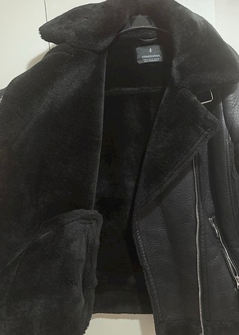 Stradivarius Kürk Detaylı Siyah Deri Kadın Biker Ceket