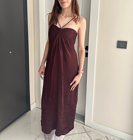 Massimo Dutti Drapeli saten midi elbise - STUDIO