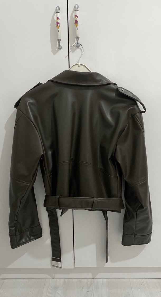 Kahverengi Kemerli Deri Biker Ceket - Görsel 3