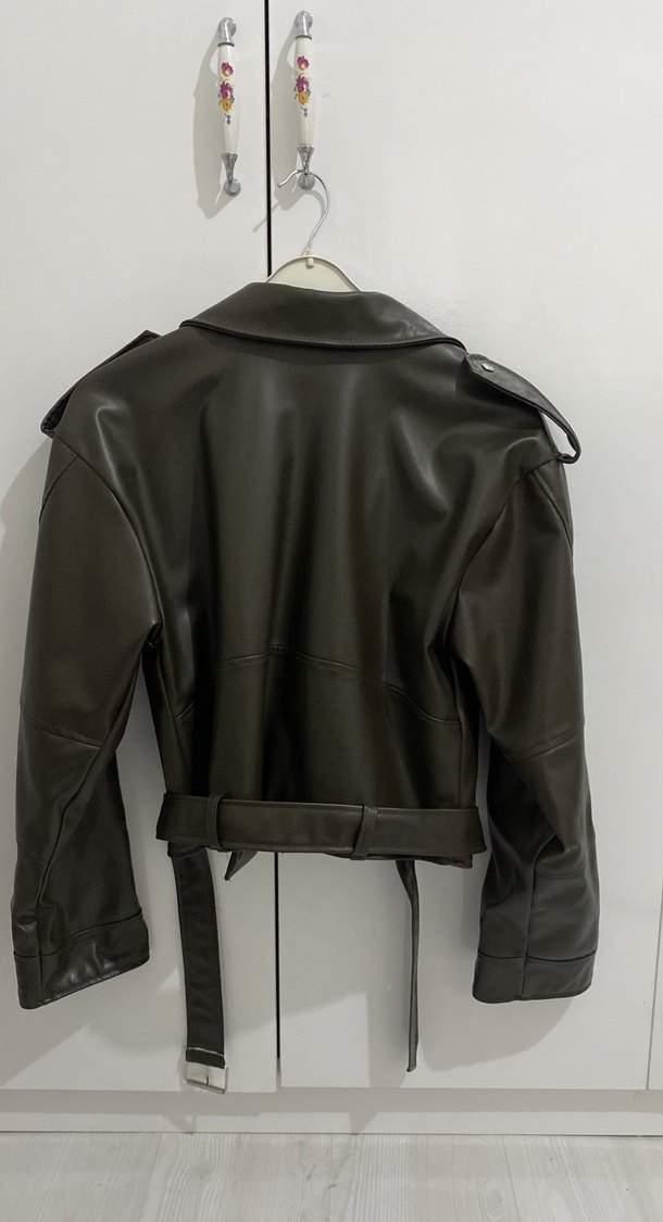 Kahverengi Kemerli Deri Biker Ceket - Görsel 2