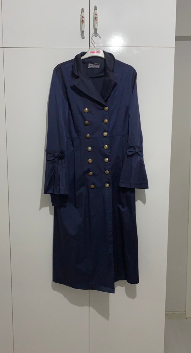 Lacivert Kadın Uzun Düğmeli Klasik Kaban - Görsel 2