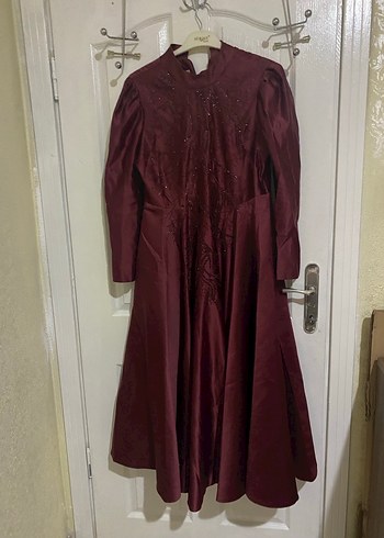 Bordo Uzun Kollu Kadın Abiye Elbise - Görsel 2