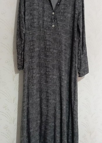 Gri Uzun Elbise V Yaka Düğmeli - Görsel 6