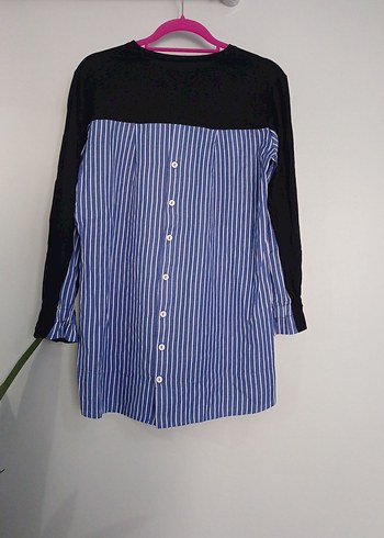 lacivet cizgili gomlek kumas detayli tunik - Görsel 3