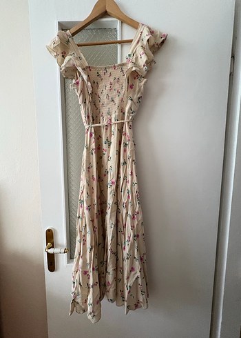 Bej Çiçek Desenli Uzun  Elbise - Görsel 4