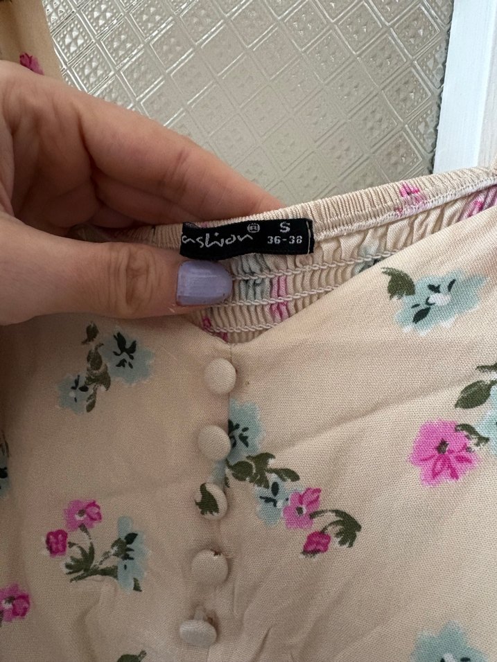 Bej Çiçek Desenli Uzun  Elbise - Görsel 3