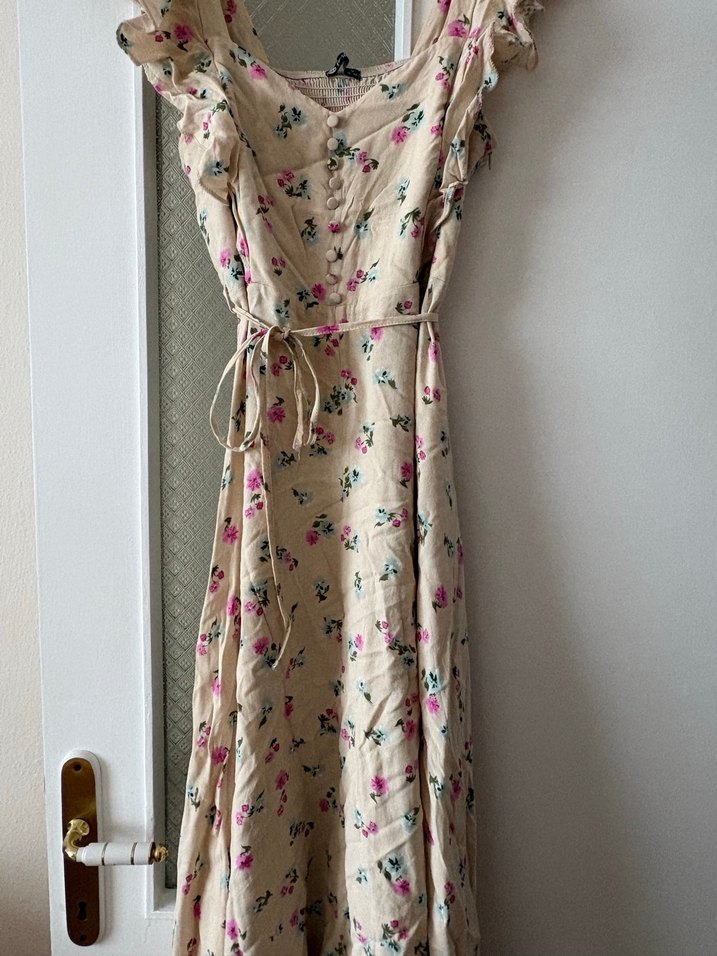 Bej Çiçek Desenli Uzun  Elbise - Görsel 2