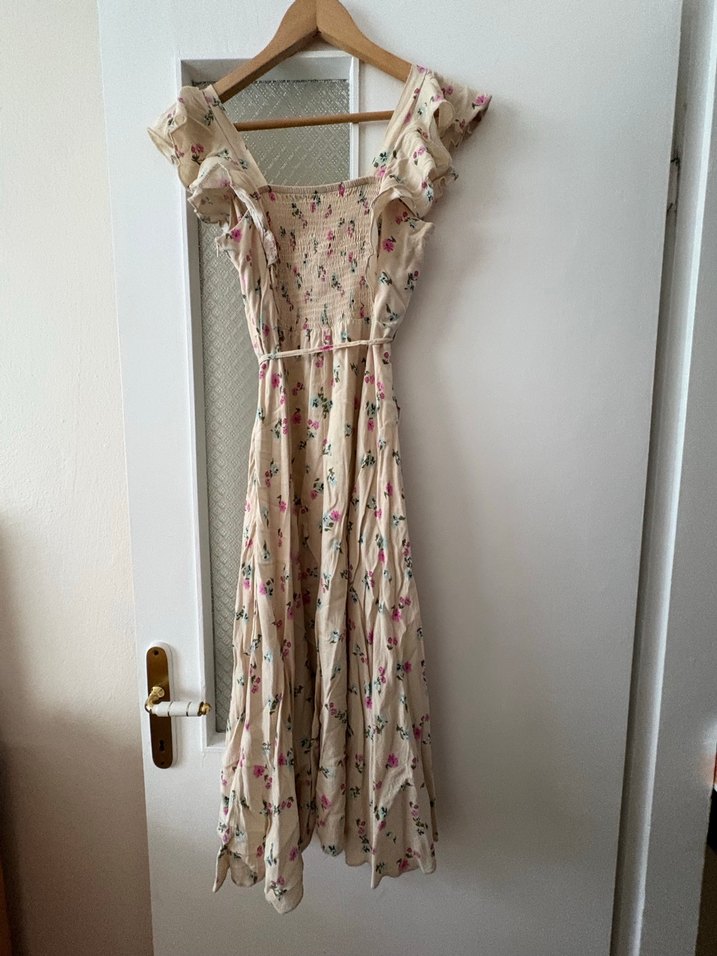 Bej Çiçek Desenli Uzun  Elbise - Görsel 4