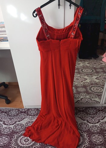 Kırmızı Uzun Drapeli Straplez Abiye Elbise - Görsel 4