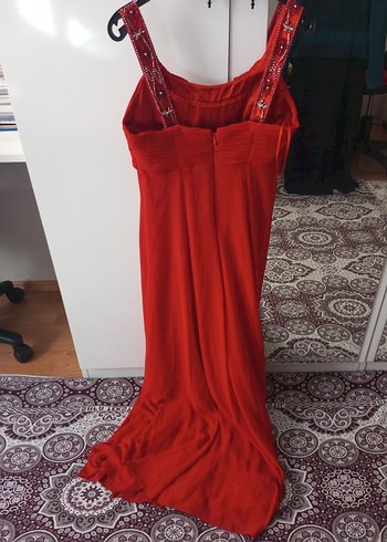 Kırmızı Uzun Drapeli Straplez Abiye Elbise - Görsel 3