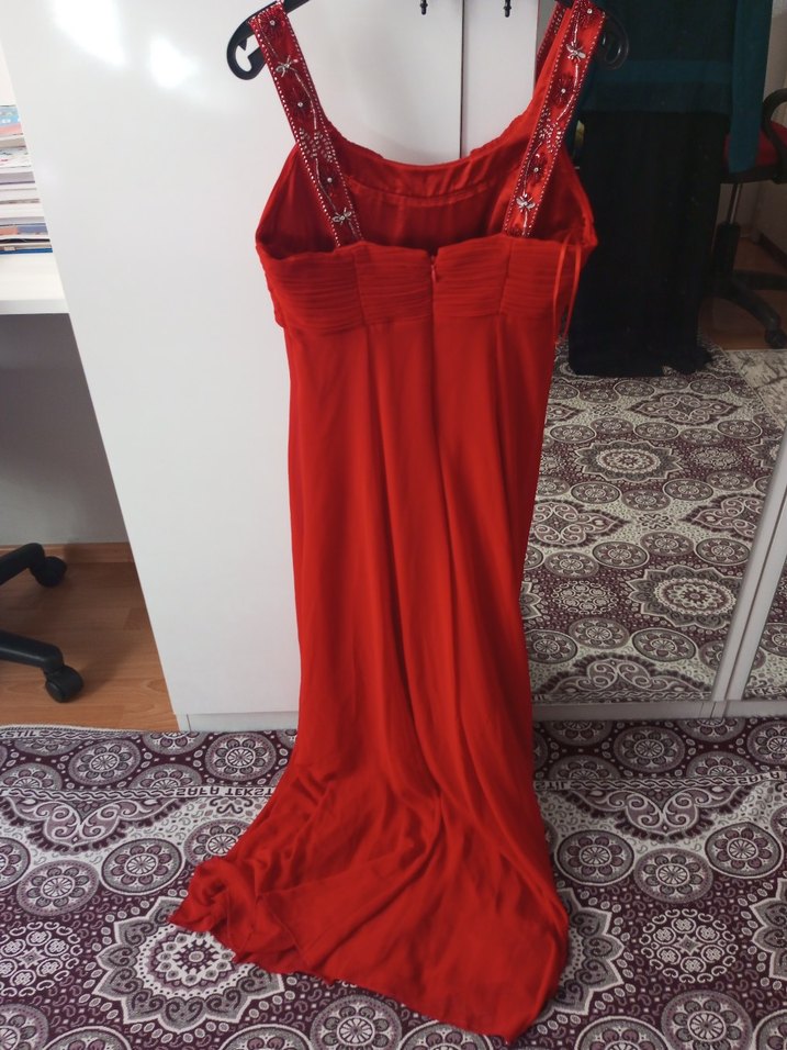Kırmızı Uzun Drapeli Straplez Abiye Elbise - Görsel 3