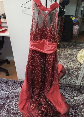 Kırmızı Uzun Drapeli Straplez Abiye Elbise - Görsel 4