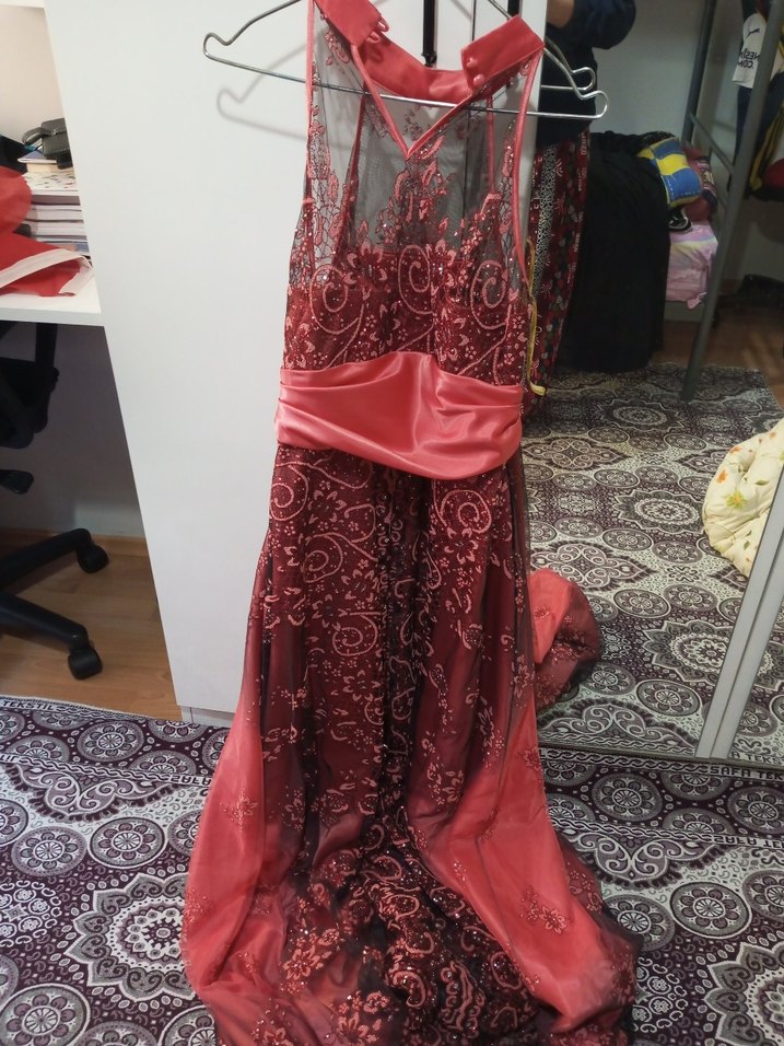 Kırmızı Uzun Drapeli Straplez Abiye Elbise - Görsel 4