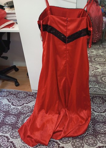 Kırmızı Uzun Drapeli Straplez Abiye Elbise - Görsel 3