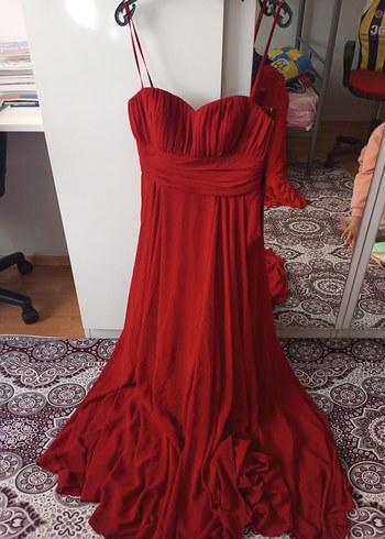 Kırmızı Drapeli Uzun Straplez Abiye Elbise - Görsel 2