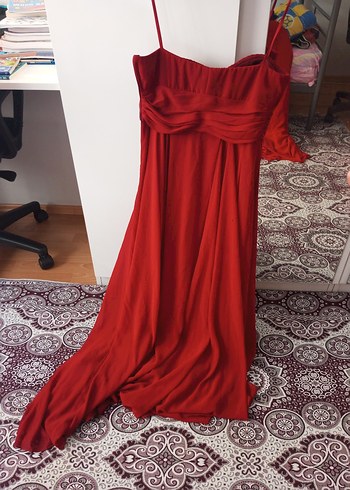 Kırmızı Drapeli Uzun Straplez Abiye Elbise - Görsel 4