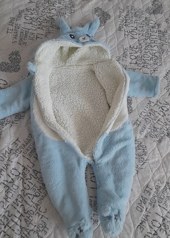 Mavi Peluş Bebek Tulumu Kulaklı Kapüşonlu - Görsel 4