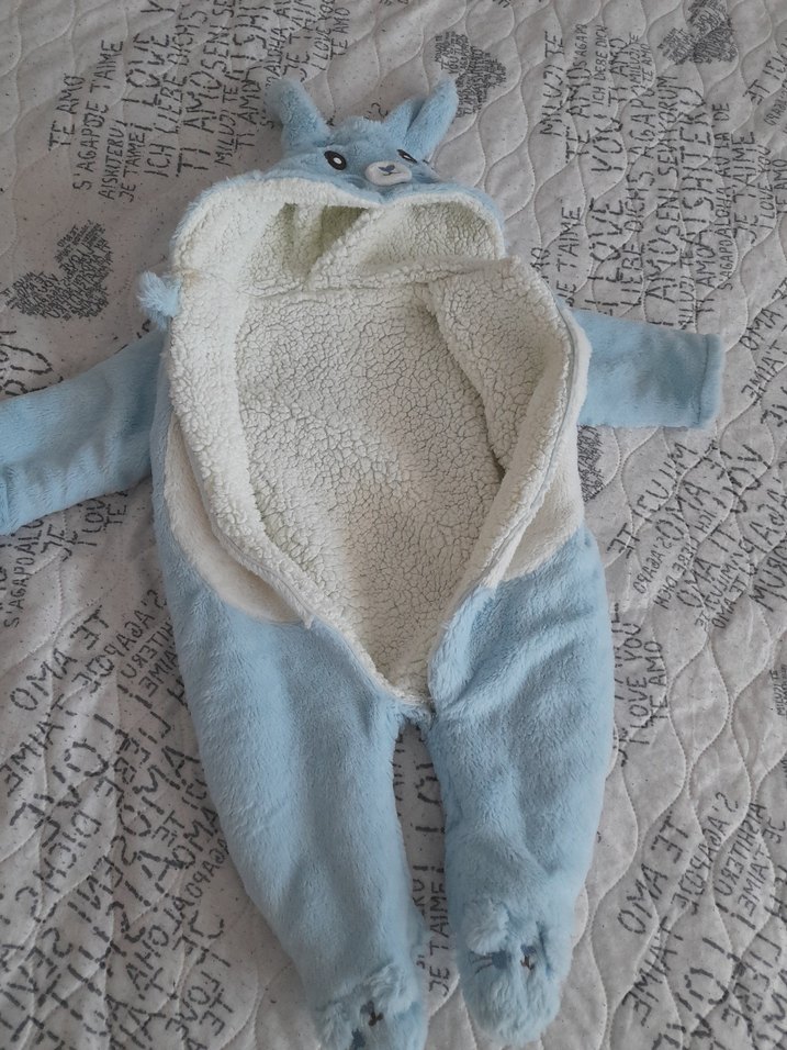 Mavi Peluş Bebek Tulumu Kulaklı Kapüşonlu - Görsel 4