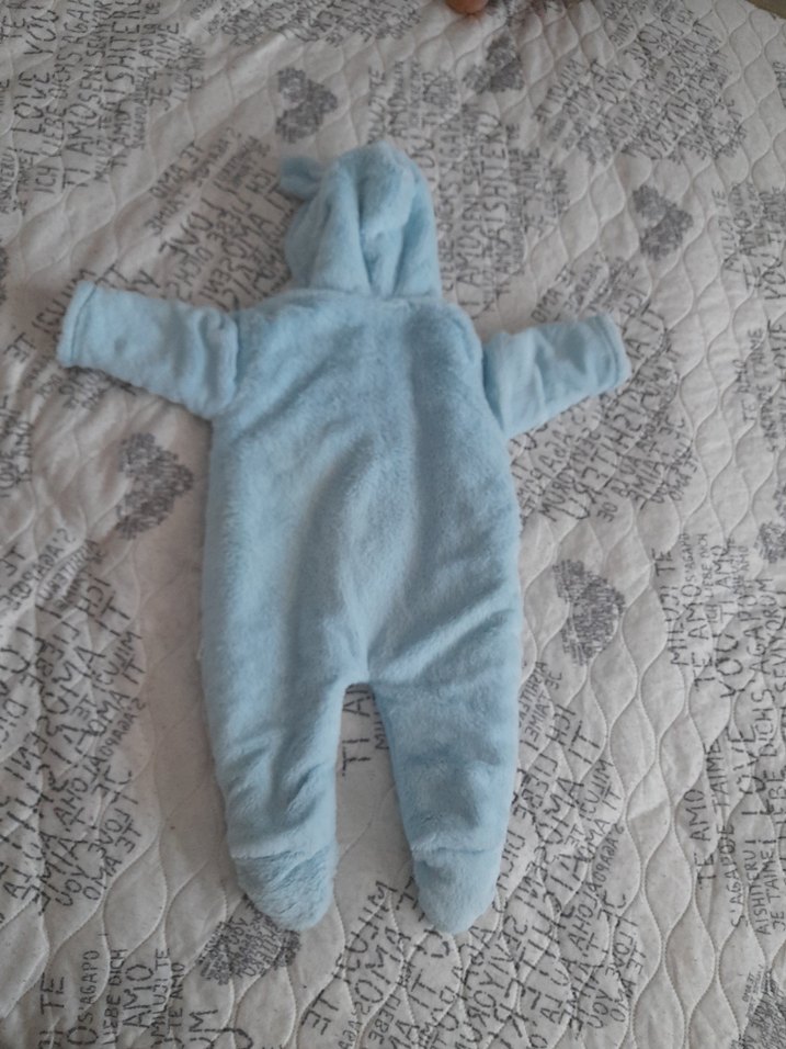 Mavi Peluş Bebek Tulumu Kulaklı Kapüşonlu - Görsel 3