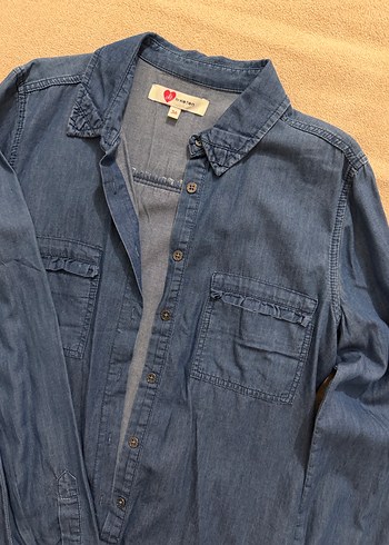 Düğmeli Uzun Kollu Denim Gömlek - Görsel 2