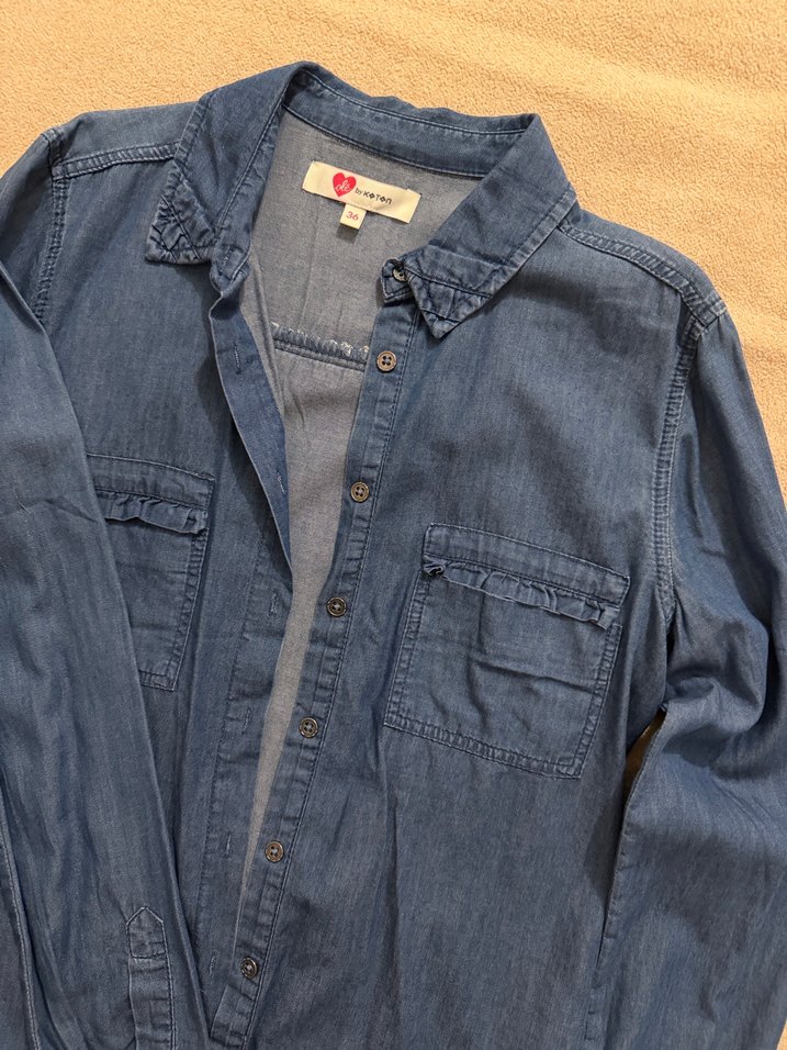 Düğmeli Uzun Kollu Denim Gömlek - Görsel 2