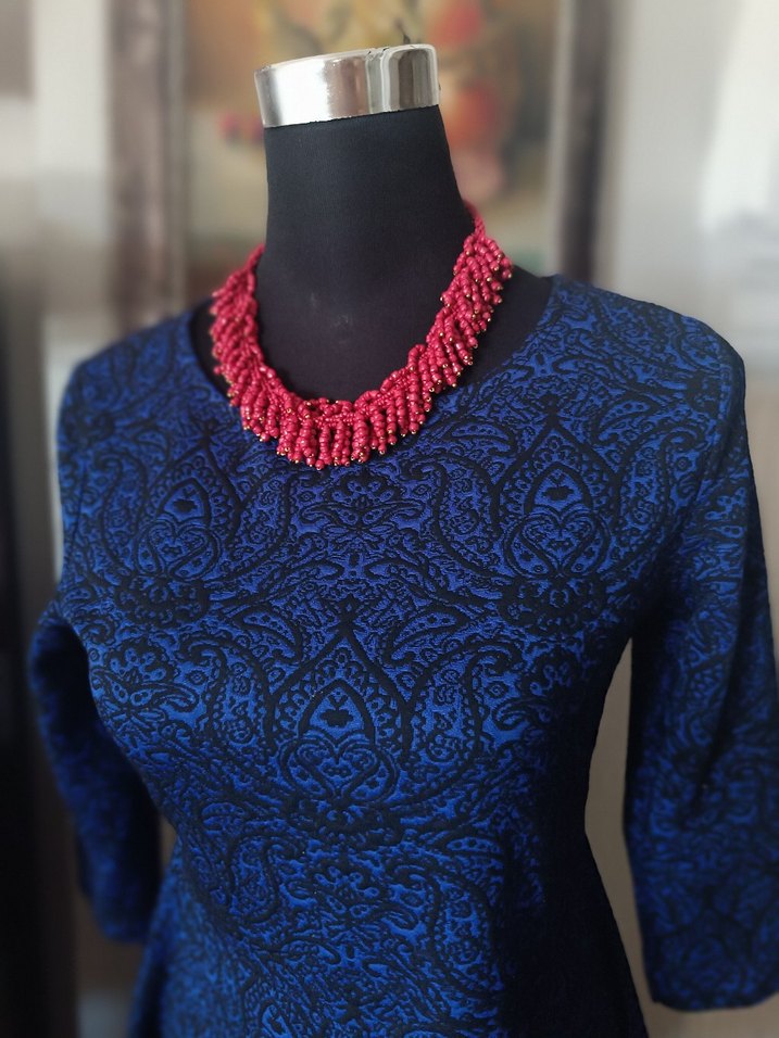 Uzun Kollu Desenli Mavi Ofis Elbisesi - Görsel 2