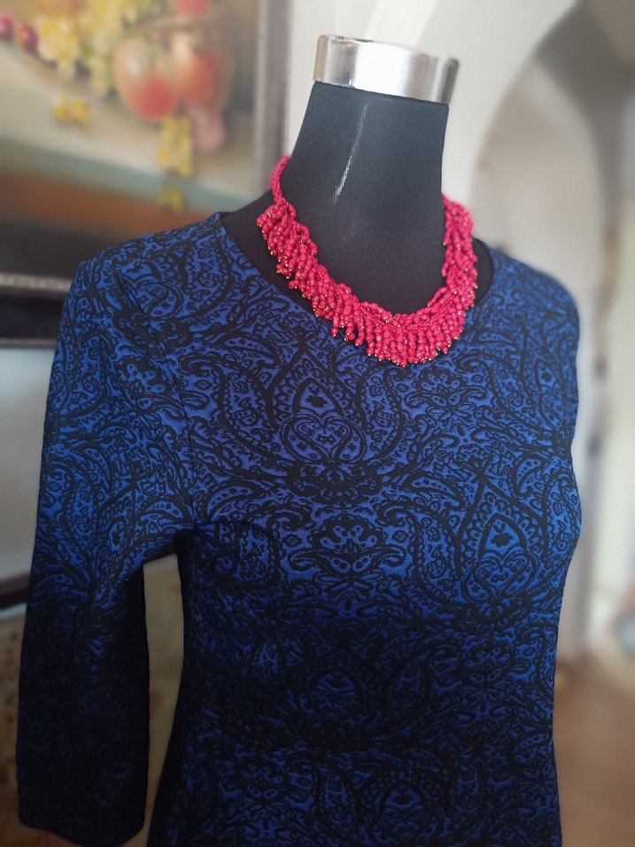 Uzun Kollu Desenli Mavi Ofis Elbisesi - Görsel 3