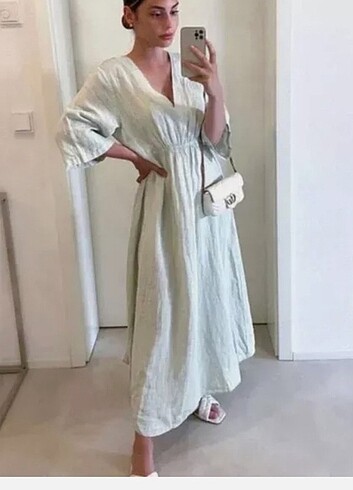 m Beden yeşil Renk Zara keten Mint yeşili uzun elbise