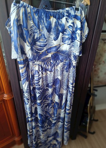 Boutique 9 Mavi Bohem Uzun Elbise, Omuz Açık