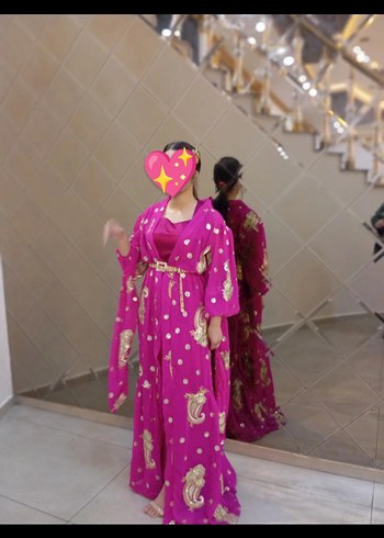 Abiye Pembe Parlak Desenli V Yakalı Uzun Elbise