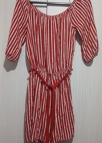 Kırmızı Çizgili Mini Kemerli Tulum - Görsel 2