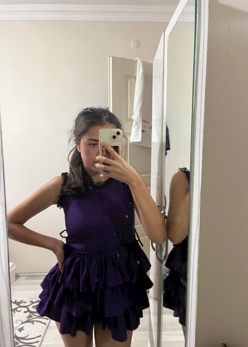 xs Beden mor Renk Mor Fırfırlı Mini Elbise