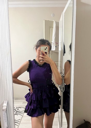 xs Beden Mor Fırfırlı Mini Elbise