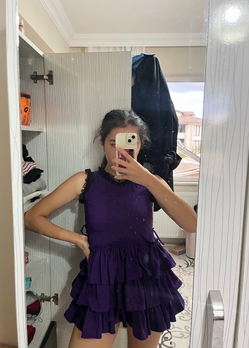 Mor Fırfırlı Mini Elbise