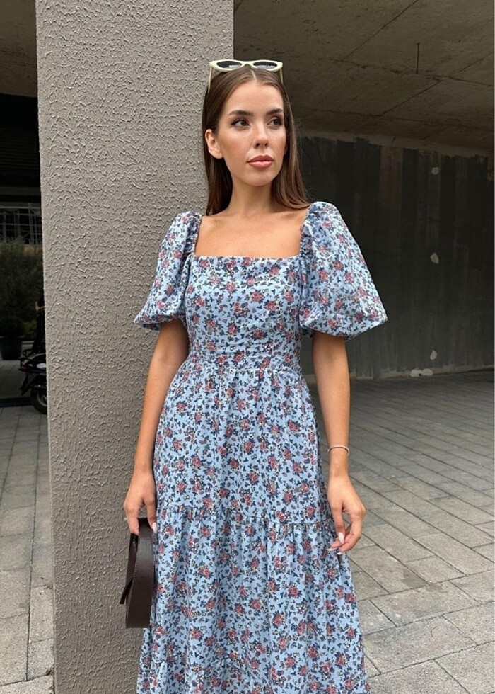 Bebe mavisi balon kol elbise - Görsel 4