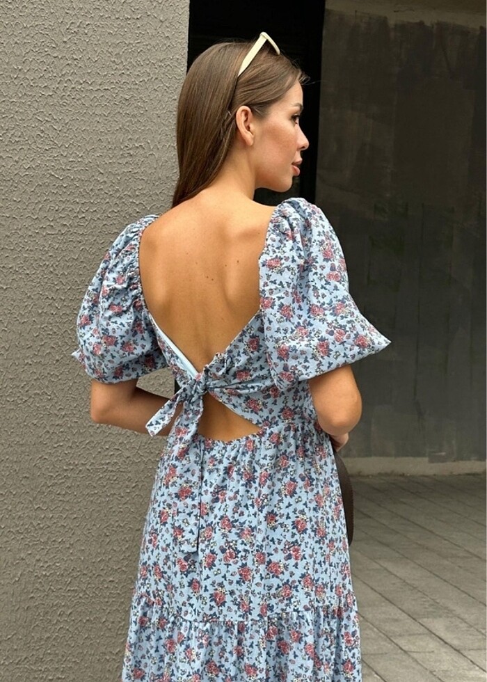 Bebe mavisi balon kol elbise - Görsel 5