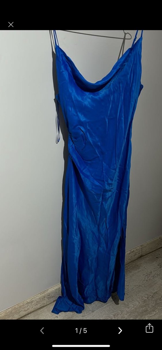 Mavi Drapeli Uzun Saten Elbise - Görsel 3