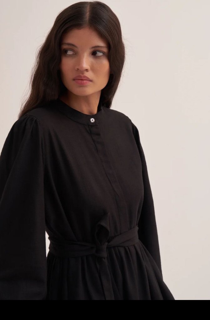 Siyah Rahat Kesim Uzun Keten Elbise organik pamuklu - Görsel 3