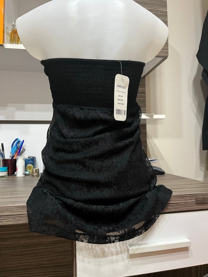 Siyah Drapeli Mini Straplez Elbise - Görsel 4