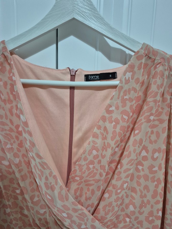 Pembe Yılan Desenli Mini Bohem Elbise - Görsel 3