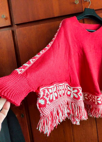 Nakışlı Kırmızı Bohem Kadın Panço - Görsel 2