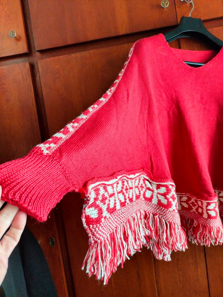 Nakışlı Kırmızı Bohem Kadın Panço - Görsel 2